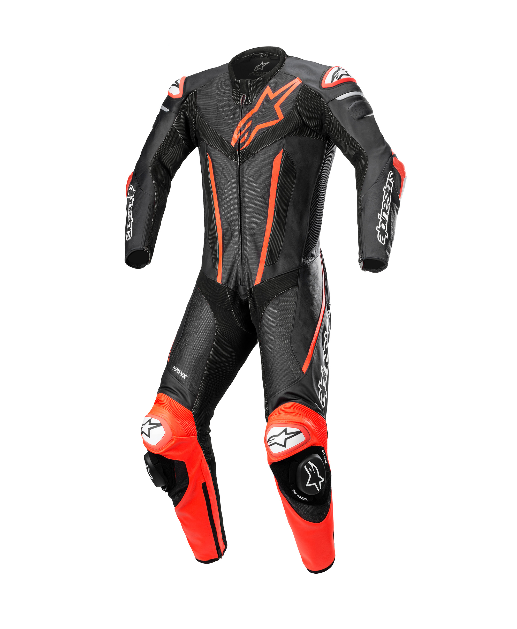 FUSION LEATHER SUIT 1 PC BLACK RED FLUO
